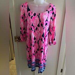 Lilly Pulitzer Vibrant Pink and Navy 3/4 sleeve knit dress.
